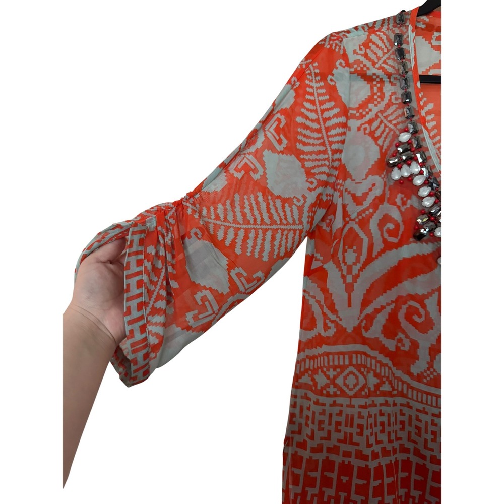 Milly of New York Orange Ikat SILK Blend Beaded V-Neck Tunic Blouse Size 8 Airy - Picture 3 of 10